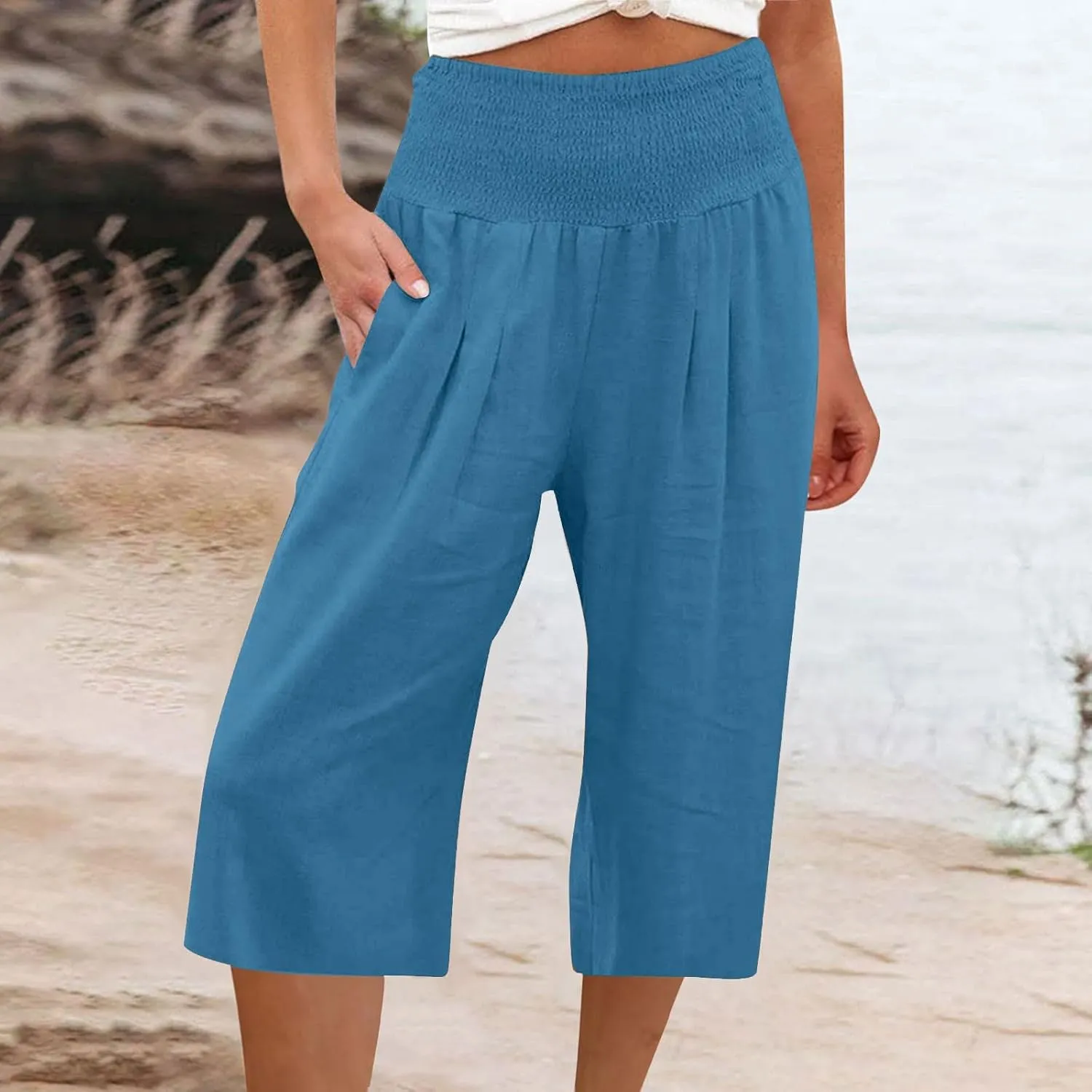 Womens Summer Casual Linen Pants Loose Wide Leg Palazzo Capris Smocked High Waist Flowy Beach Cropped Pants