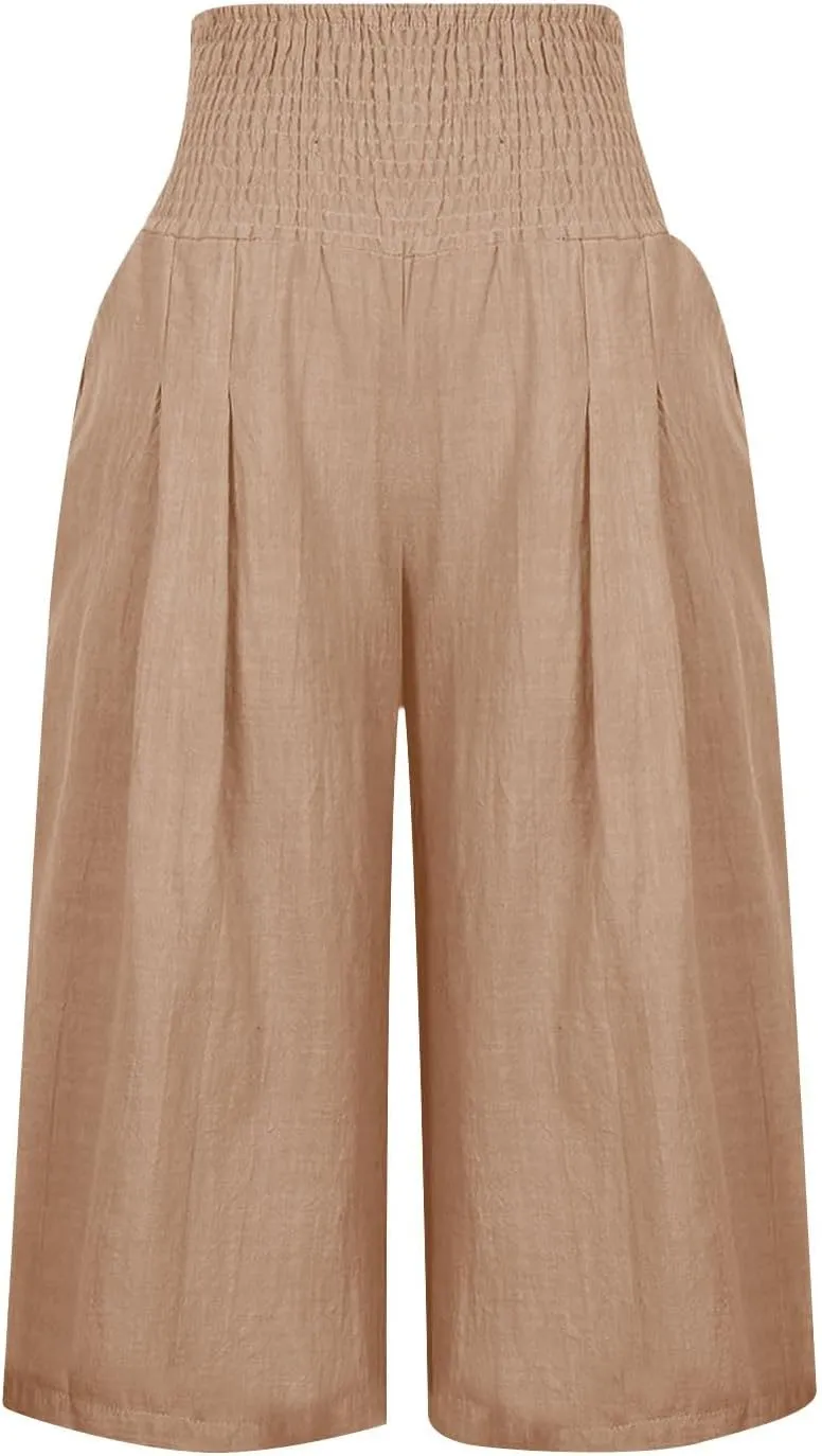 Womens Summer Casual Linen Pants Loose Wide Leg Palazzo Capris Smocked High Waist Flowy Beach Cropped Pants
