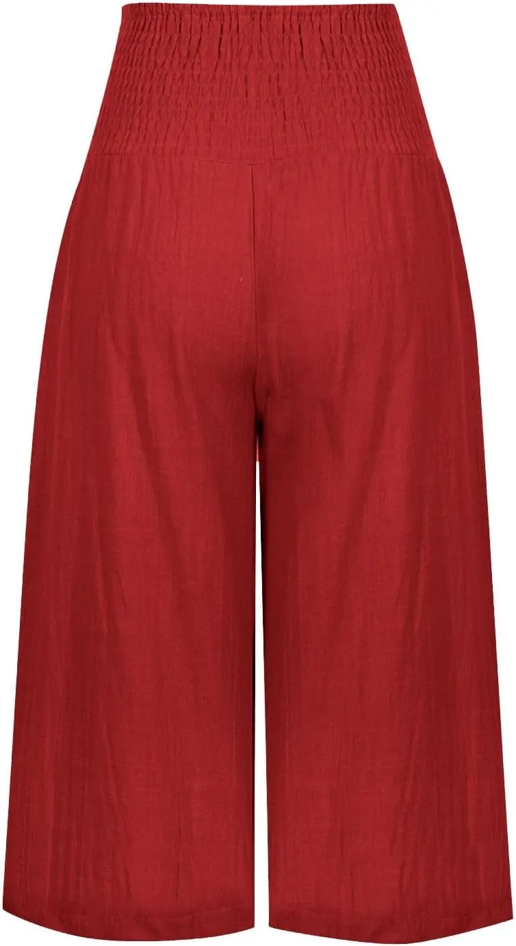Womens Summer Casual Linen Pants Loose Wide Leg Palazzo Capris Smocked High Waist Flowy Beach Cropped Pants
