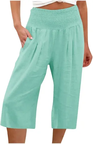 Womens Summer Casual Linen Pants Loose Wide Leg Palazzo Capris Smocked High Waist Flowy Beach Cropped Pants