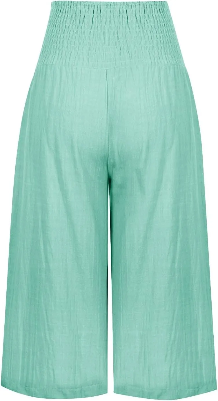 Womens Summer Casual Linen Pants Loose Wide Leg Palazzo Capris Smocked High Waist Flowy Beach Cropped Pants