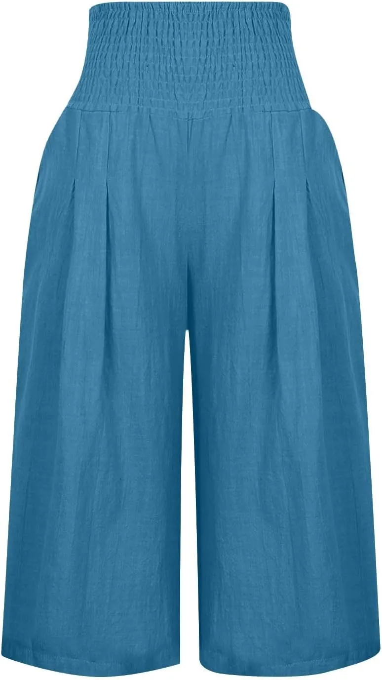 Womens Summer Casual Linen Pants Loose Wide Leg Palazzo Capris Smocked High Waist Flowy Beach Cropped Pants