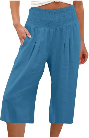 Womens Summer Casual Linen Pants Loose Wide Leg Palazzo Capris Smocked High Waist Flowy Beach Cropped Pants