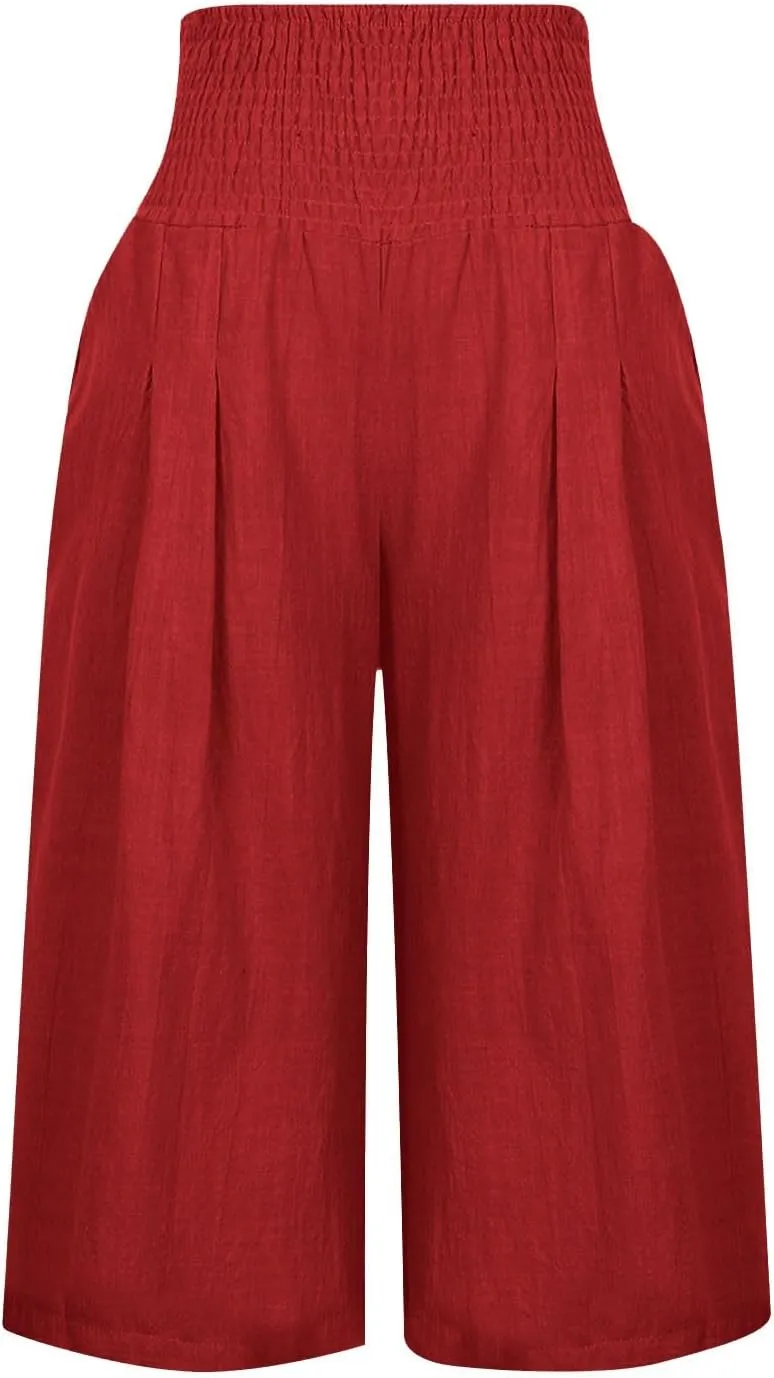 Womens Summer Casual Linen Pants Loose Wide Leg Palazzo Capris Smocked High Waist Flowy Beach Cropped Pants