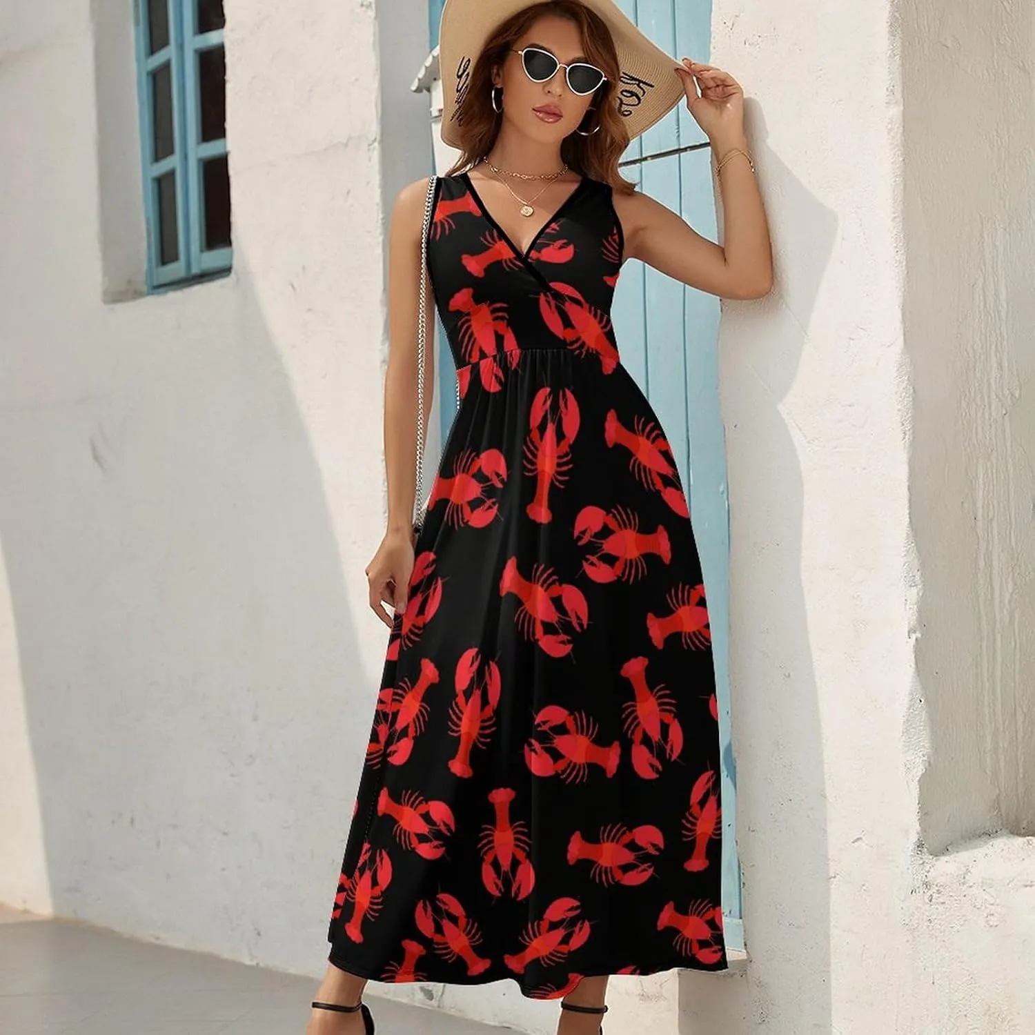 Women's Summer Casual Wrap Dress Sleeveless Flared Midi Dress