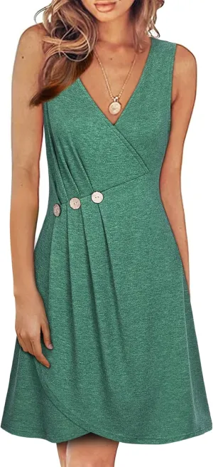 Women's Summer Casual Wrap V Neck Sleeveless Midi Dresses