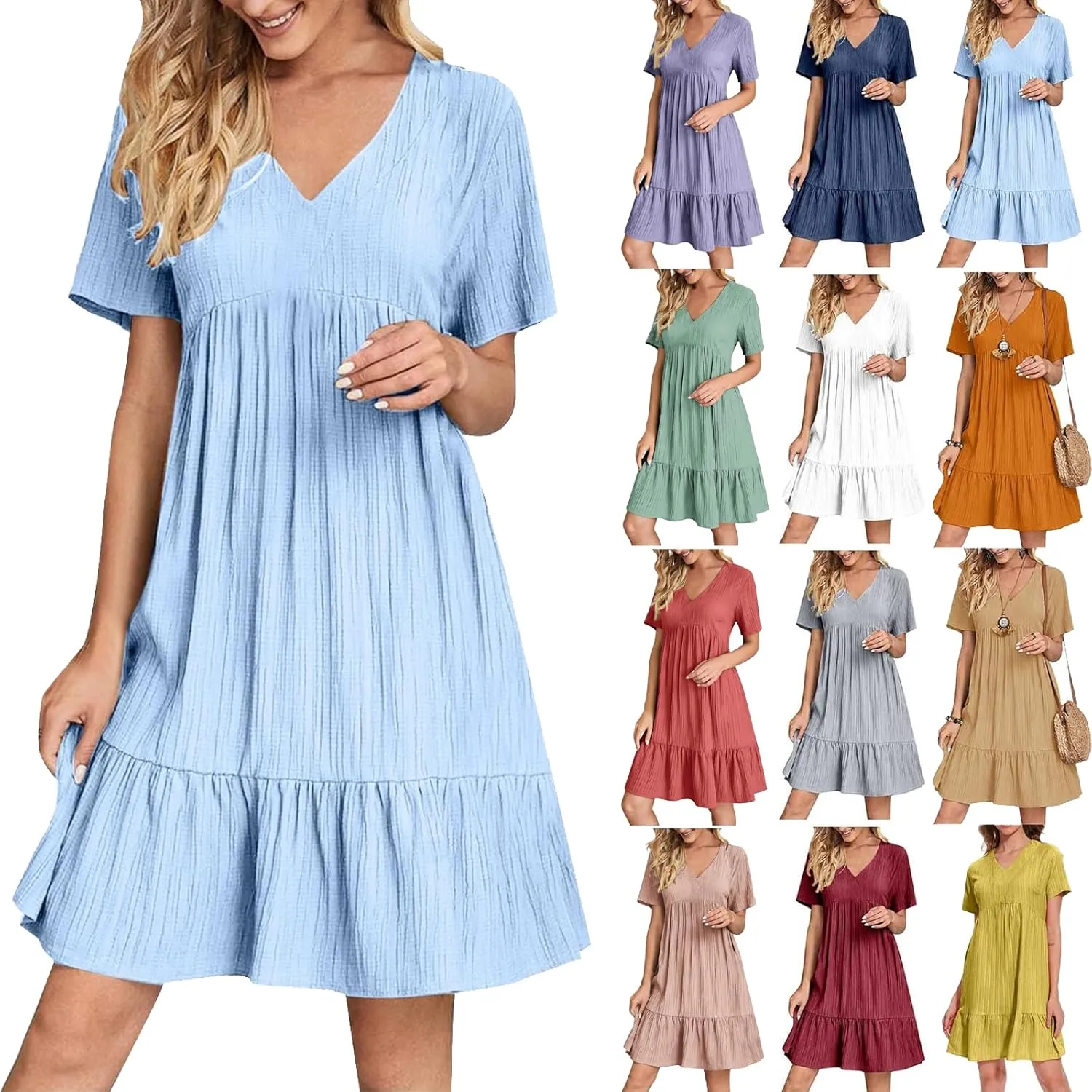 Womens Summer Dress V Neck Short Sleeve Ruffle Hem Tiered Flowy Swing Midi Dresses 2025 Beach Vacation Sundress Outfits