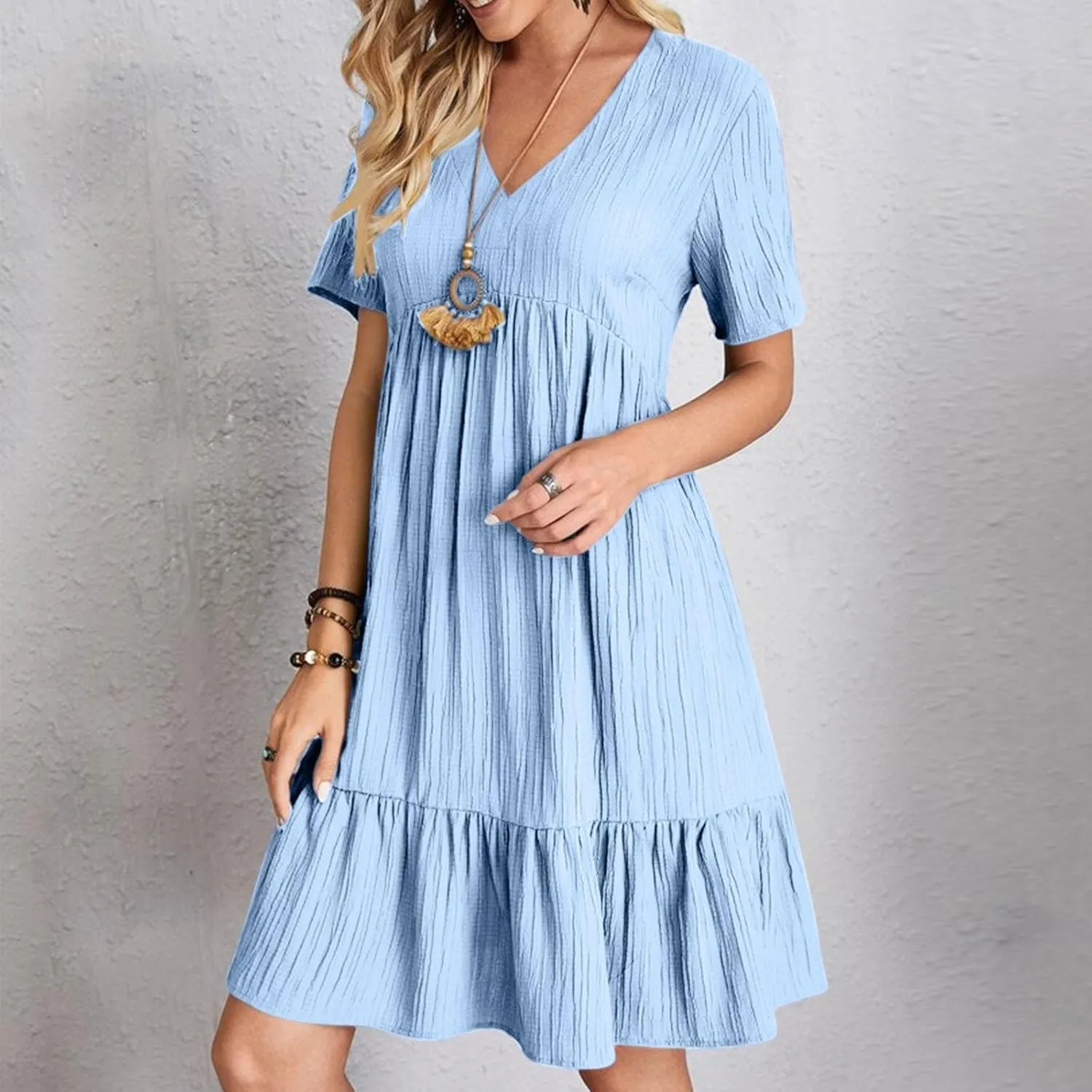 Womens Summer Dress V Neck Short Sleeve Ruffle Hem Tiered Flowy Swing Midi Dresses 2025 Beach Vacation Sundress Outfits