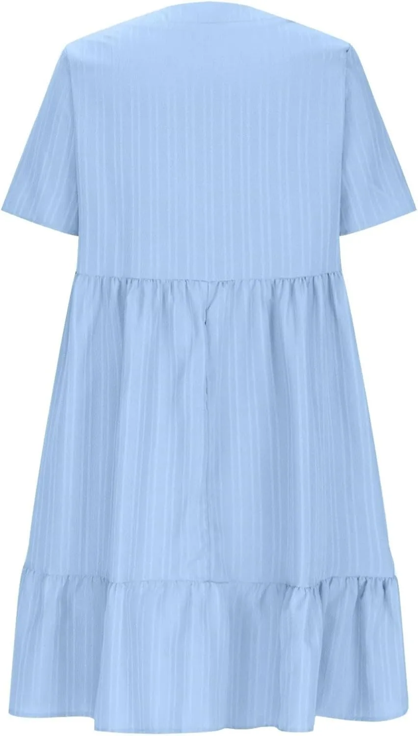 Womens Summer Dress V Neck Short Sleeve Ruffle Hem Tiered Flowy Swing Midi Dresses 2025 Beach Vacation Sundress Outfits