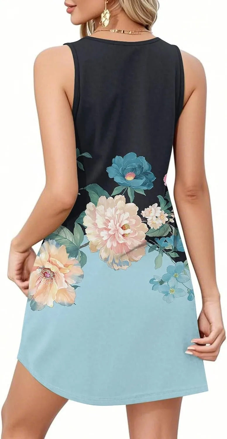 Women's Summer Dresses 2025 Beach Casual Sleeveless Floral Print Tank Dress V Neck Loose Sundress with Pocket S-3XL