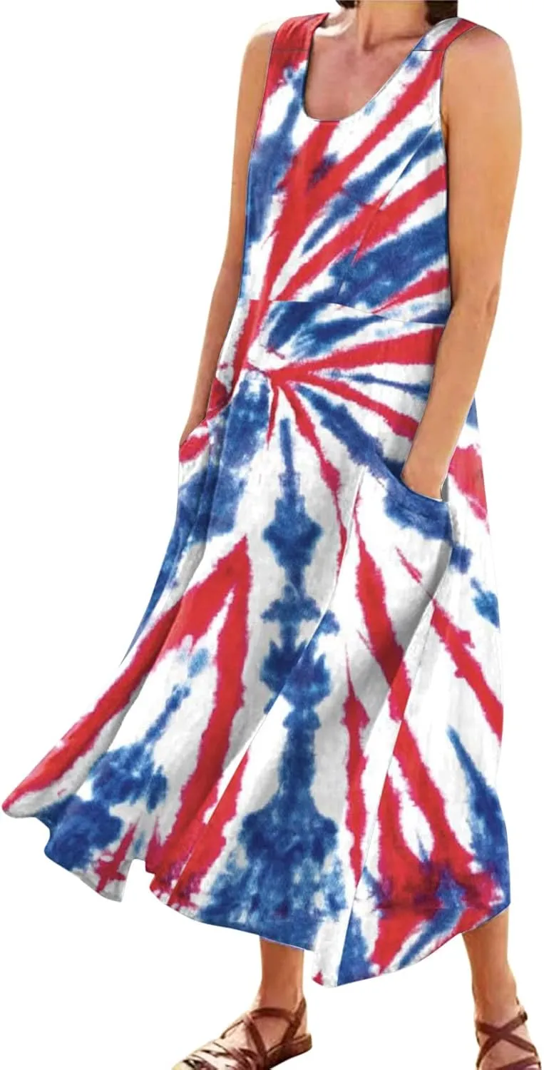 Women's Summer Dresses 2025 Beach Casual Sleeveless Tank Dress Beach Boho Travel Sling Dresses Sleepwear with Pocket