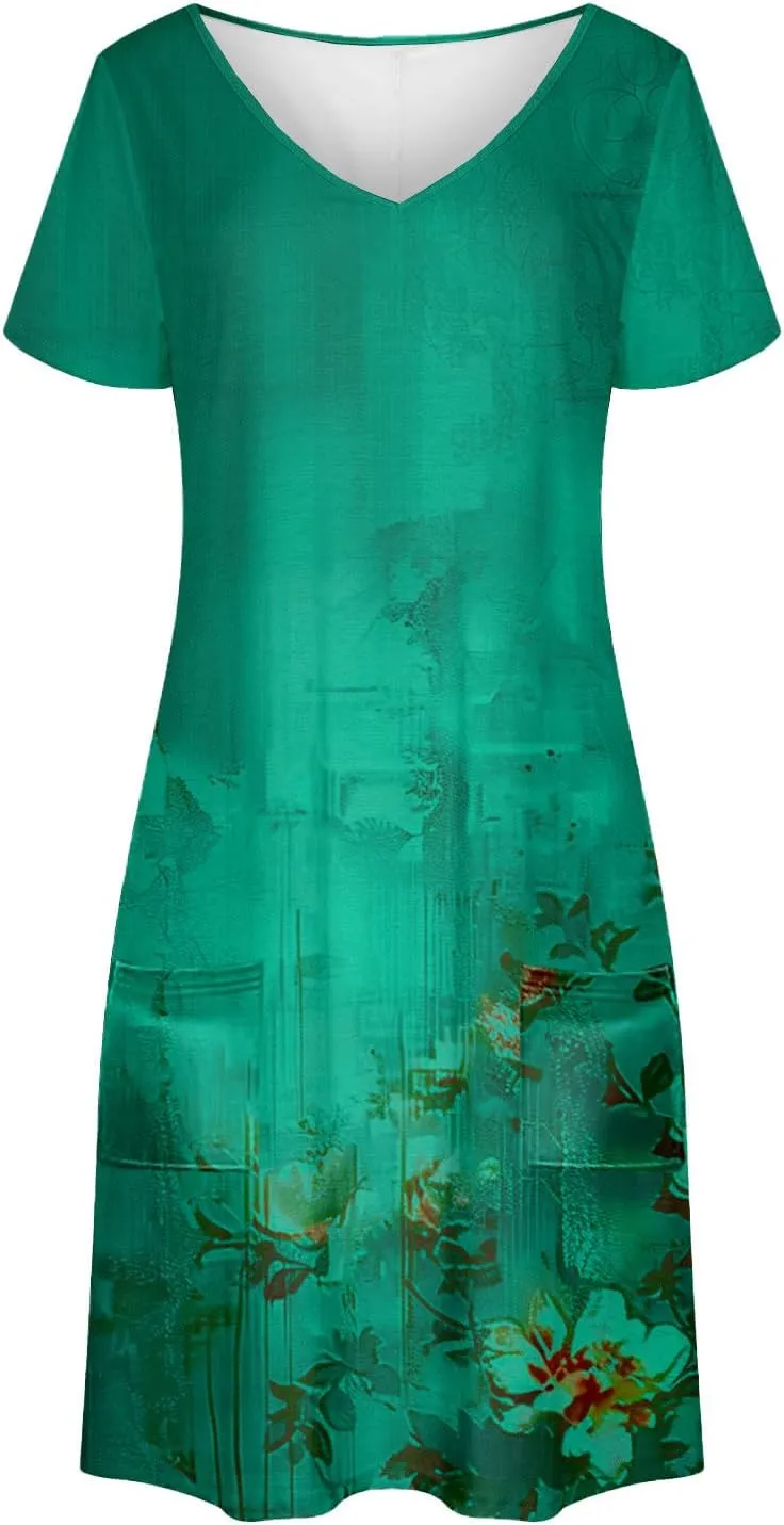 Womens Summer Dresses 2025 Short Sleeve V Neck Floral Shirt Dress Loose Fit Shift Sundress