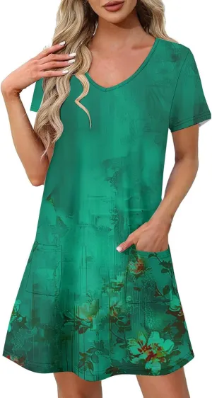 Womens Summer Dresses 2025 Short Sleeve V Neck Floral Shirt Dress Loose Fit Shift Sundress