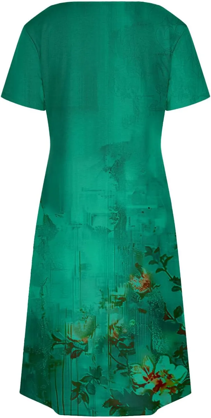 Womens Summer Dresses 2025 Short Sleeve V Neck Floral Shirt Dress Loose Fit Shift Sundress