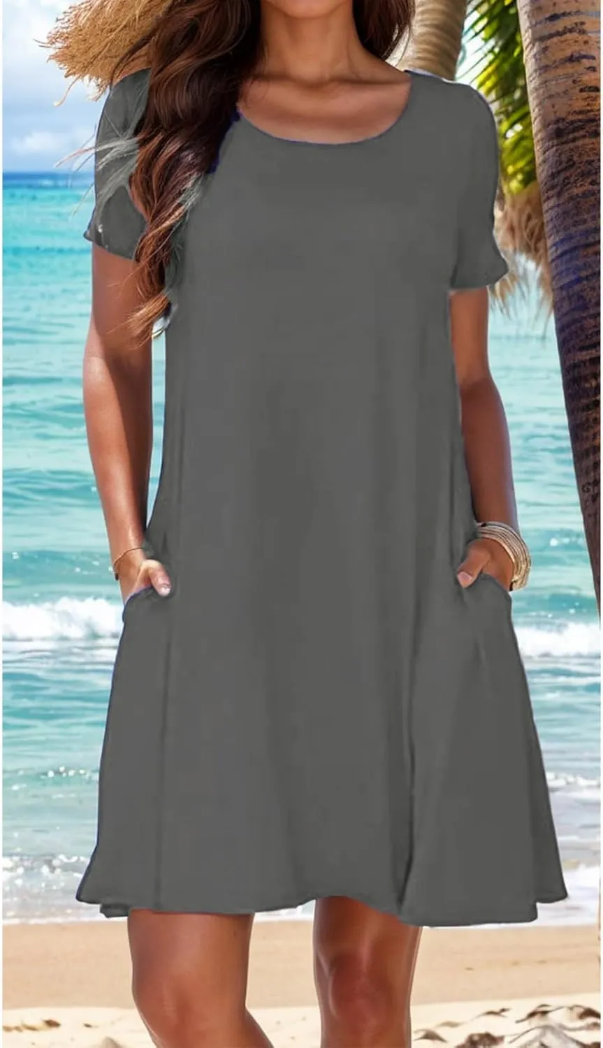 Womens Summer Dresses Crew Neck Short Sleeve A Line Mini Dresses Casual T Shirts Dresses Loose Sundress with Pocket