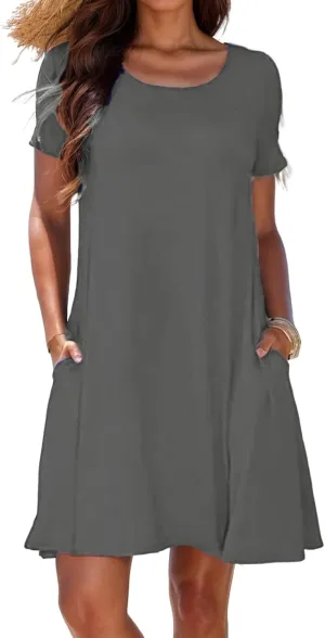 Womens Summer Dresses Crew Neck Short Sleeve A Line Mini Dresses Casual T Shirts Dresses Loose Sundress with Pocket