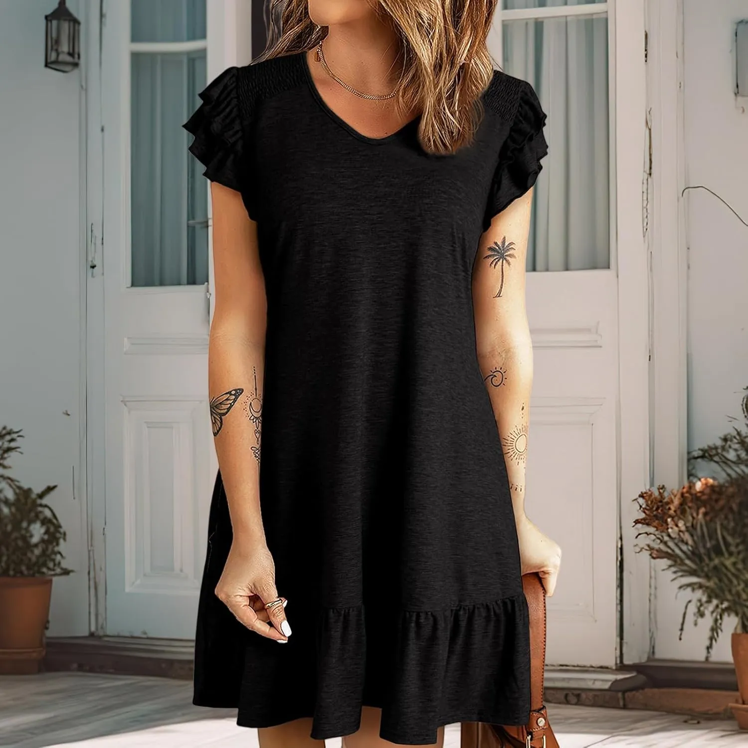 Womens Summer Dresses Ruffle Cap Sleeve Mini Dress Loose Pleated V Neck A-Line Swing Tshirt Dress Sundress