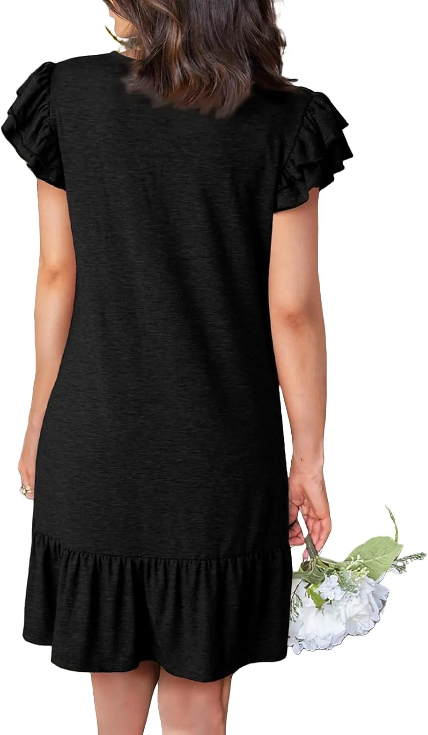 Womens Summer Dresses Ruffle Cap Sleeve Mini Dress Loose Pleated V Neck A-Line Swing Tshirt Dress Sundress