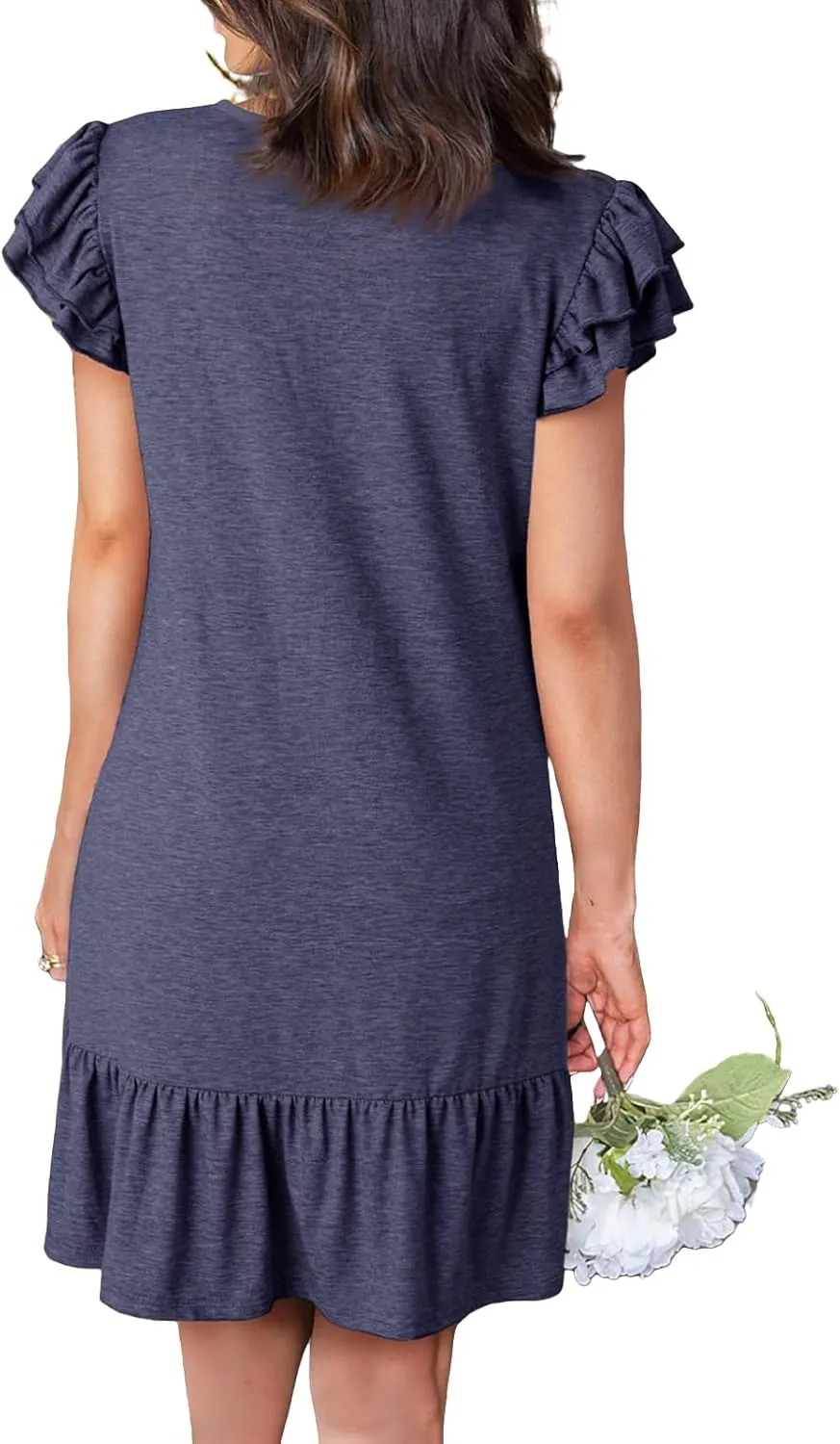 Womens Summer Dresses Ruffle Cap Sleeve Mini Dress Loose Pleated V Neck A-Line Swing Tshirt Dress Sundress