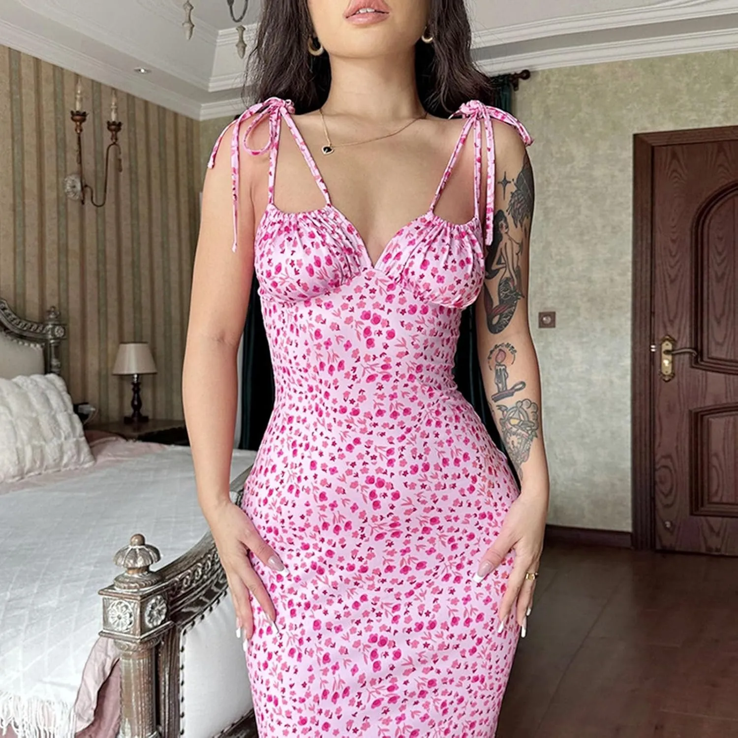 Women's Summer Floral Bodycon Backless Maxi Dress Sexy Lounge Slip Long Formal Party Evening Elegant Prom Dress
