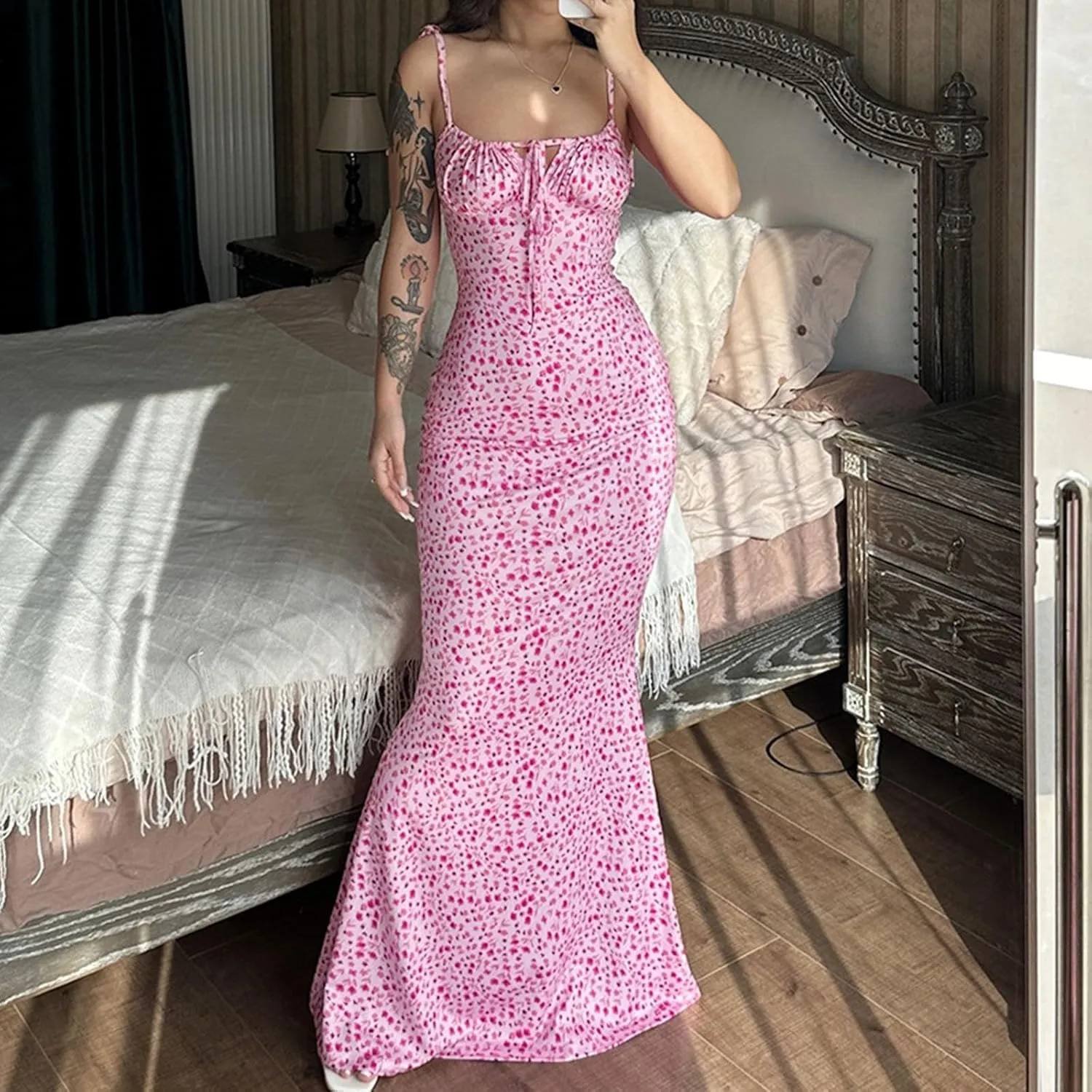 Women's Summer Floral Bodycon Backless Maxi Dress Sexy Lounge Slip Long Formal Party Evening Elegant Prom Dress