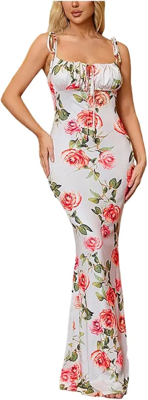 Women's Summer Floral Bodycon Backless Maxi Dress Sexy Lounge Slip Long Formal Party Evening Elegant Prom Dress