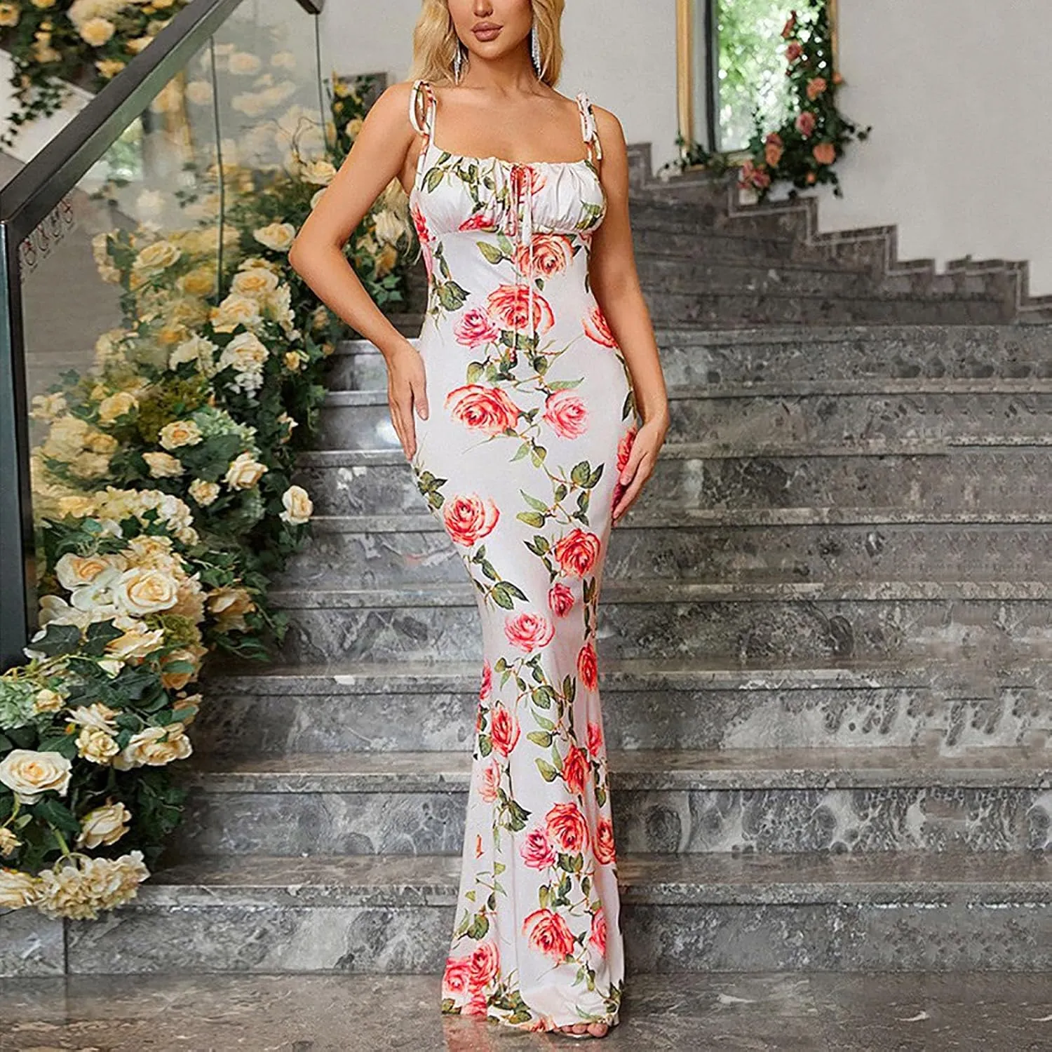 Women's Summer Floral Bodycon Backless Maxi Dress Sexy Lounge Slip Long Formal Party Evening Elegant Prom Dress