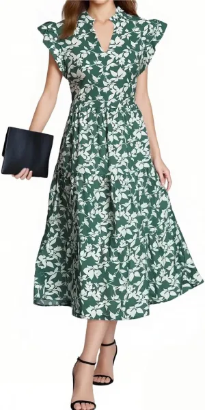 Womens Summer Floral Maxi Dress 2025 Cap Sleeve V Neck Ruffle Long Flowy Boho Casual Beach Vacation Sundresses