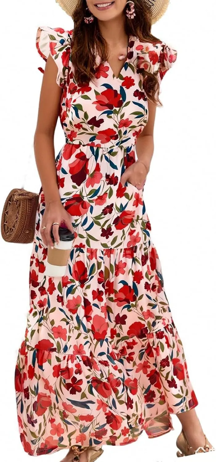 Womens Summer Floral Maxi Dress 2025 Cap Sleeve V Neck Ruffle Long Flowy Boho Casual Beach Vacation Sundresses
