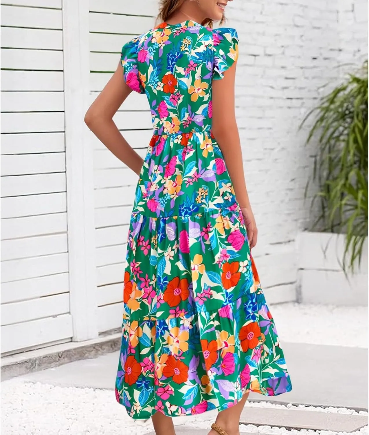 Womens Summer Floral Maxi Dress 2025 Cap Sleeve V Neck Ruffle Long Flowy Boho Casual Beach Vacation Sundresses