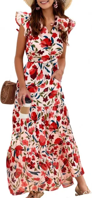 Womens Summer Floral Maxi Dress 2025 Cap Sleeve V Neck Ruffle Long Flowy Boho Casual Beach Vacation Sundresses