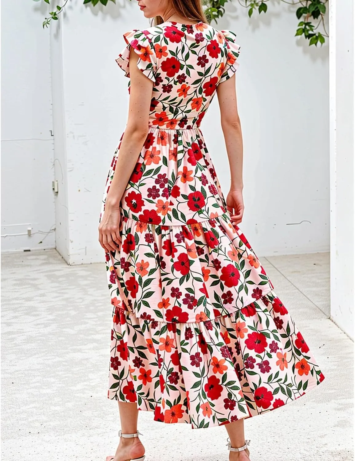 Womens Summer Floral Maxi Dress 2025 Cap Sleeve V Neck Ruffle Long Flowy Boho Casual Beach Vacation Sundresses
