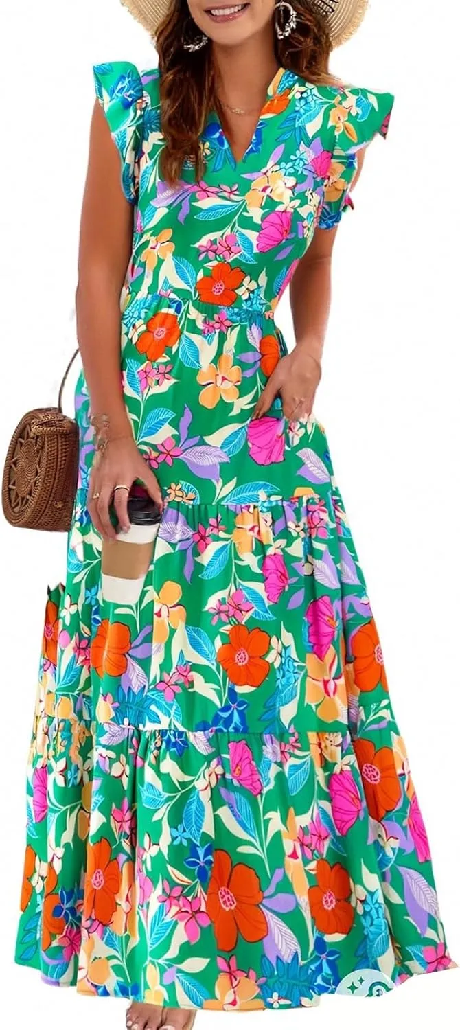 Womens Summer Floral Maxi Dress 2025 Cap Sleeve V Neck Ruffle Long Flowy Boho Casual Beach Vacation Sundresses