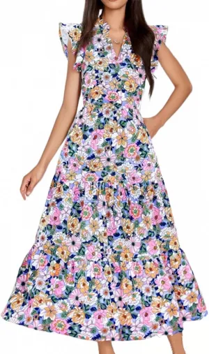 Womens Summer Floral Maxi Dress 2025 Cap Sleeve V Neck Ruffle Long Flowy Boho Casual Beach Vacation Sundresses