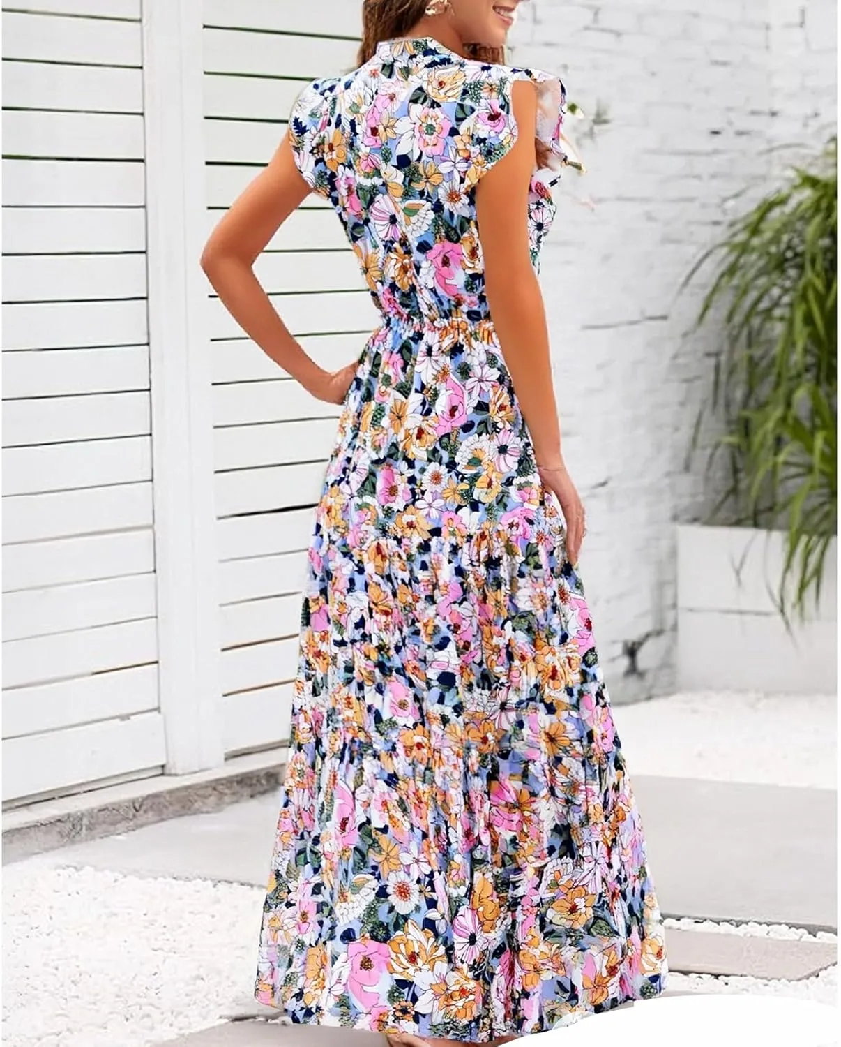 Womens Summer Floral Maxi Dress 2025 Cap Sleeve V Neck Ruffle Long Flowy Boho Casual Beach Vacation Sundresses