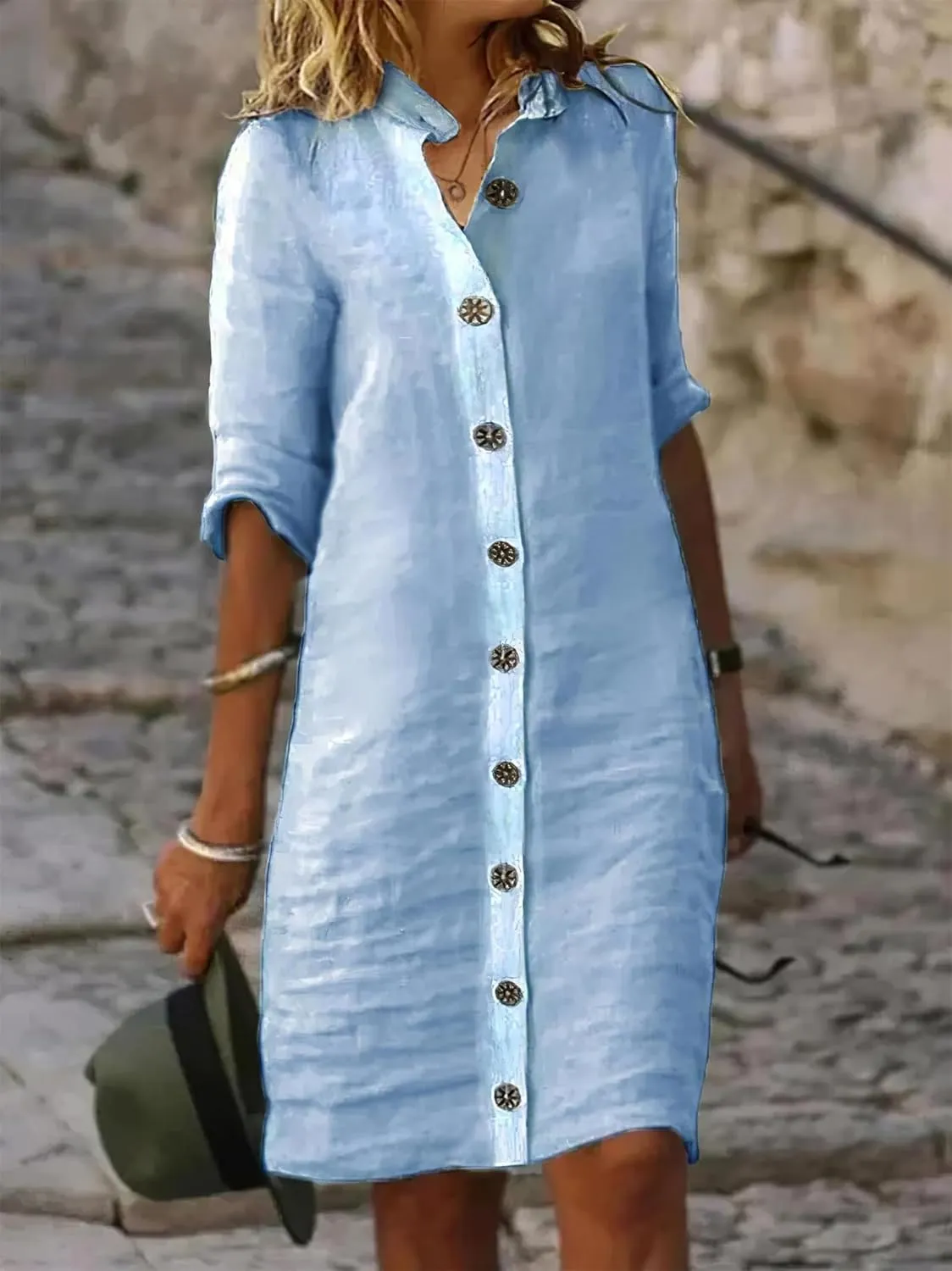 Women's Summer Midi Shirt Dresses Cotton Linen Dress Button Down 1/2 Sleeve Lapel Dresses Casual Beach Vacation Dress