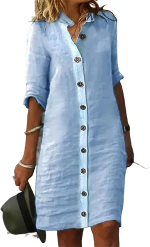 Women's Summer Midi Shirt Dresses Cotton Linen Dress Button Down 1/2 Sleeve Lapel Dresses Casual Beach Vacation Dress