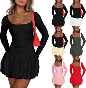 Women's Summer Mini Dress Sexy Square Neck Bubble Ruffle Hem Dresses Casual Comfort Long Sleeve Skirt Party Club