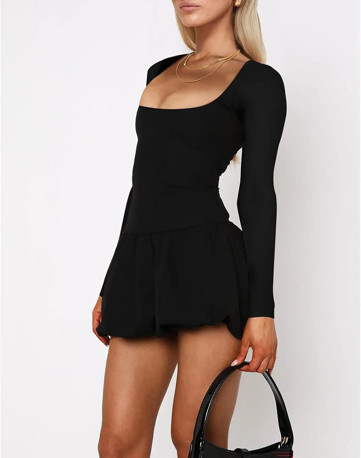 Women's Summer Mini Dress Sexy Square Neck Bubble Ruffle Hem Dresses Casual Comfort Long Sleeve Skirt Party Club