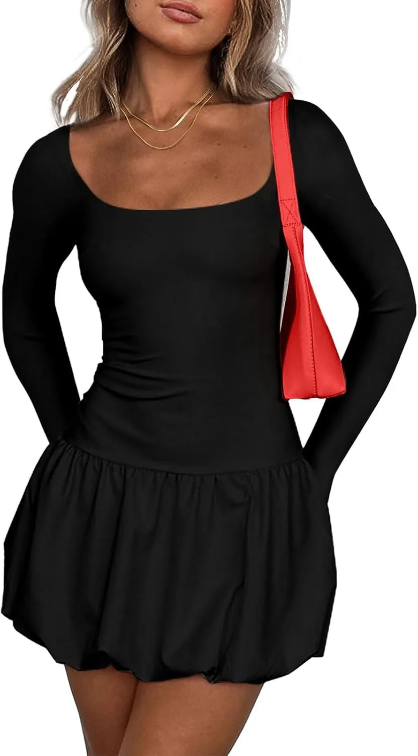 Women's Summer Mini Dress Sexy Square Neck Bubble Ruffle Hem Dresses Casual Comfort Long Sleeve Skirt Party Club