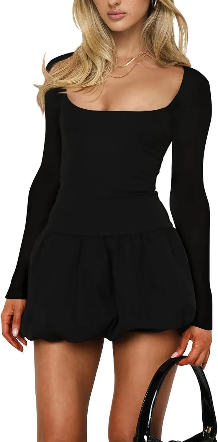 Women's Summer Mini Dress Sexy Square Neck Bubble Ruffle Hem Dresses Casual Comfort Long Sleeve Skirt Party Club