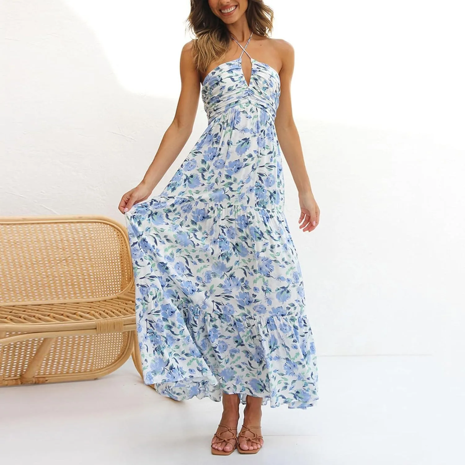 Women's Summer Sleeveless Halter Neck Boho Long Dress Backless Ruffle Hem Tiered Flowy Maxi Sundress Beach Vacation