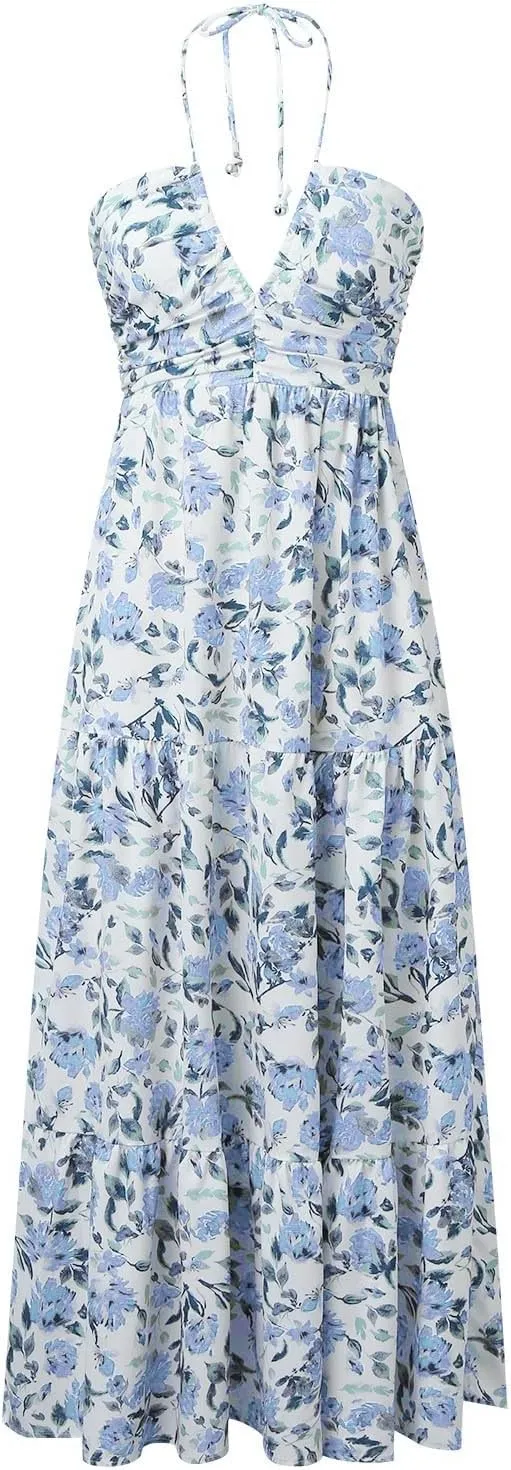 Women's Summer Sleeveless Halter Neck Boho Long Dress Backless Ruffle Hem Tiered Flowy Maxi Sundress Beach Vacation
