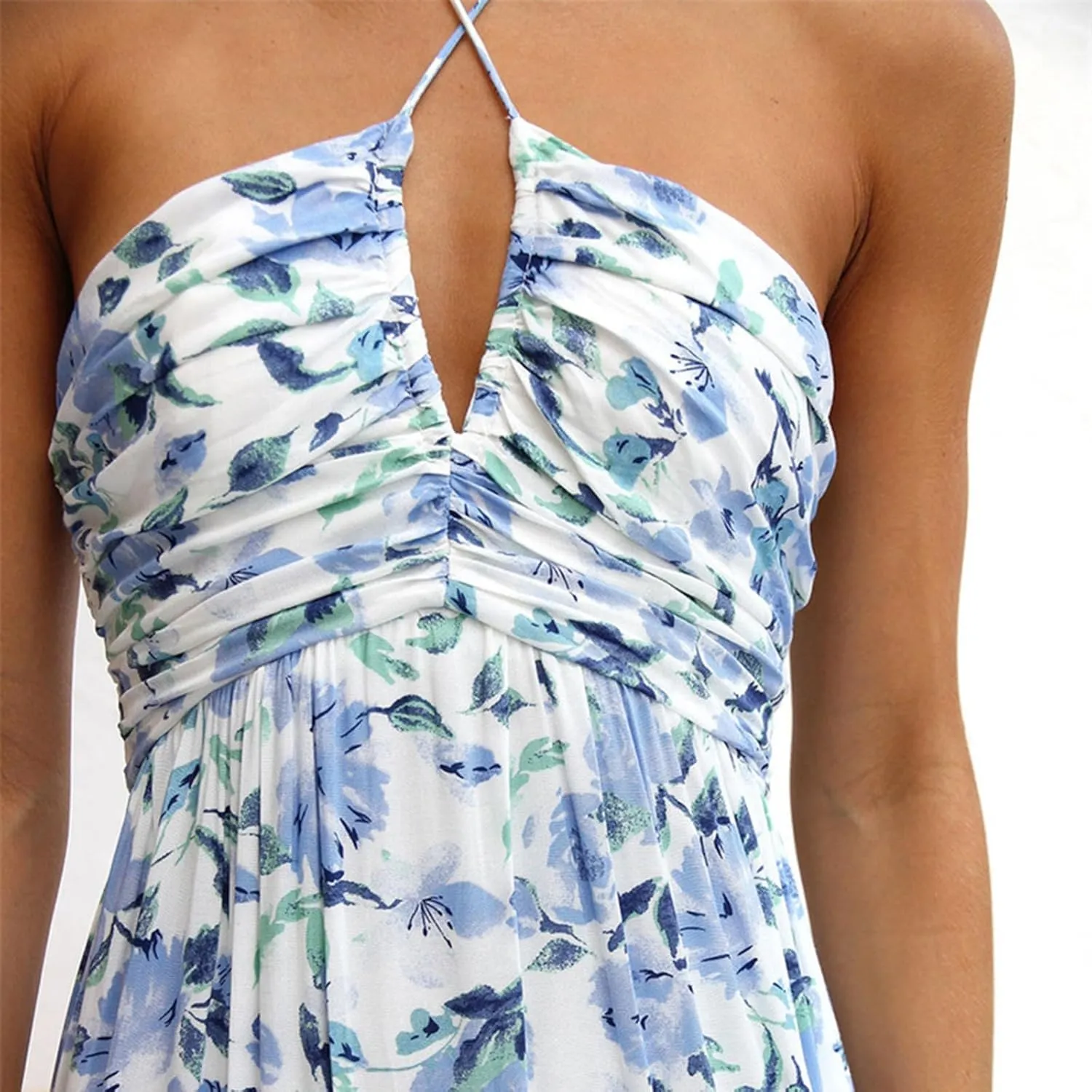Women's Summer Sleeveless Halter Neck Boho Long Dress Backless Ruffle Hem Tiered Flowy Maxi Sundress Beach Vacation
