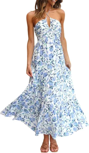 Women's Summer Sleeveless Halter Neck Boho Long Dress Backless Ruffle Hem Tiered Flowy Maxi Sundress Beach Vacation
