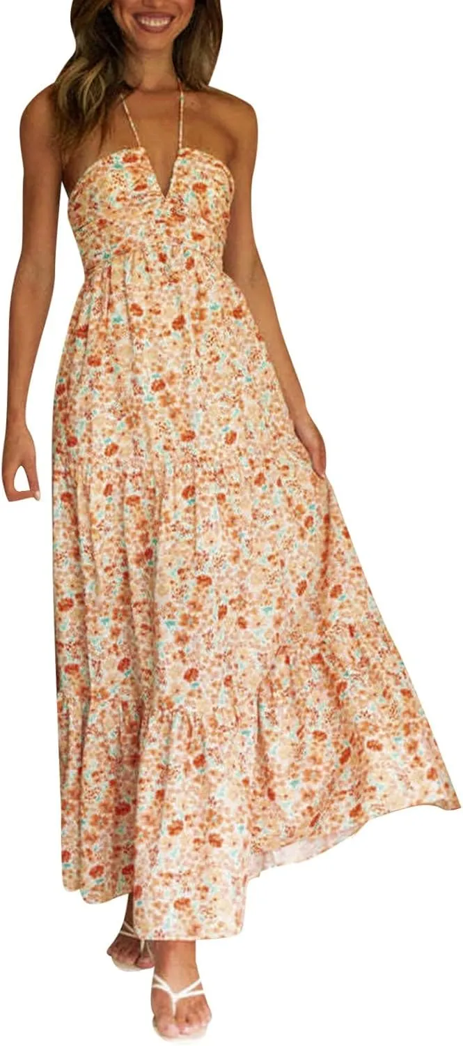 Women's Summer Sleeveless Halter Neck Boho Long Dress Backless Ruffle Hem Tiered Flowy Maxi Sundress Beach Vacation