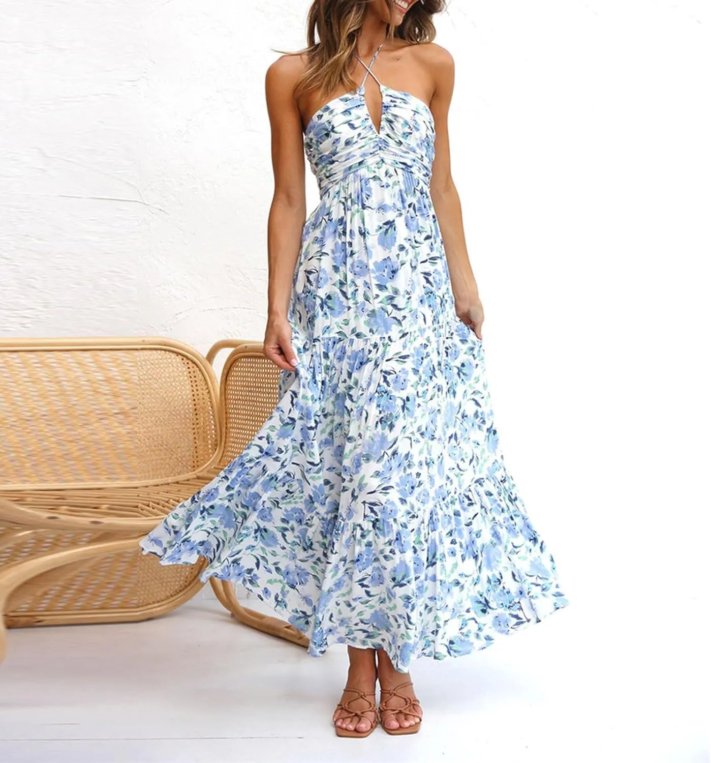 Women's Summer Sleeveless Halter Neck Boho Long Dress Backless Ruffle Hem Tiered Flowy Maxi Sundress Beach Vacation