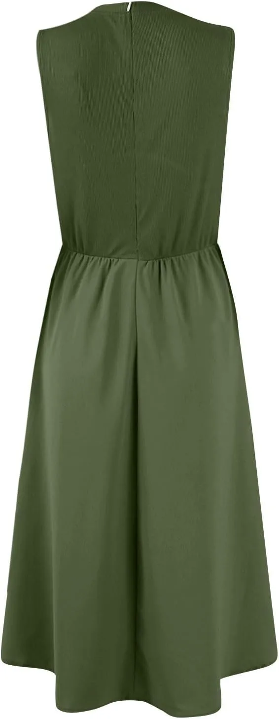 Women's Summer Sundress Pleated Dresses Tank Dress Sleeveless Fashion High Waisted Dresses Smocked Dress with Pockets