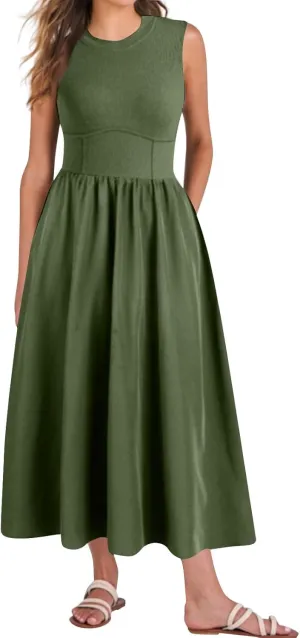 Women's Summer Sundress Pleated Dresses Tank Dress Sleeveless Fashion High Waisted Dresses Smocked Dress with Pockets