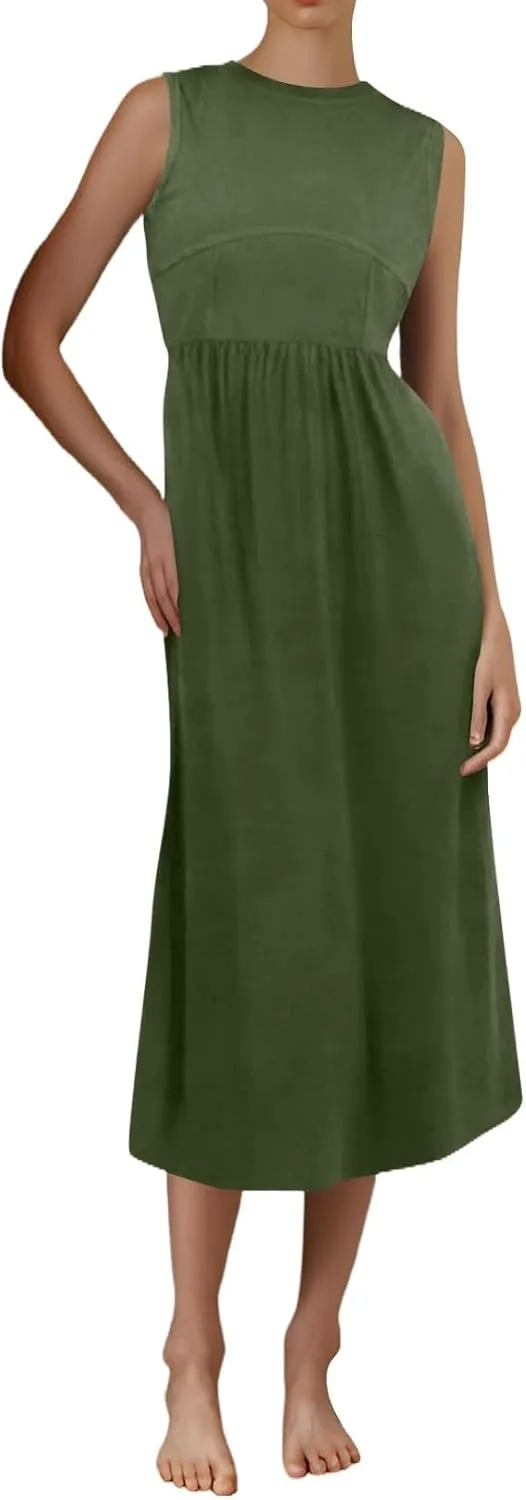 Women's Summer Sundress Pleated Dresses Tank Dress Sleeveless Fashion High Waisted Dresses Smocked Dress with Pockets